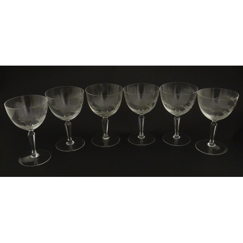 179 - Six Rowland Ward wine glasses with engraved Safari animal detail. Unsigned. Approx. 5 1/2