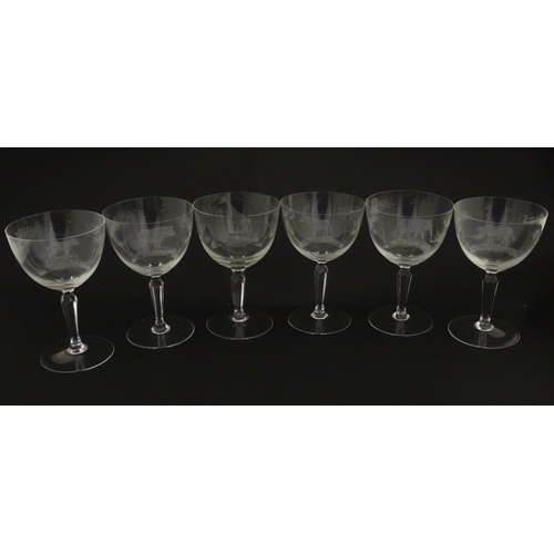 179 - Six Rowland Ward wine glasses with engraved Safari animal detail. Unsigned. Approx. 5 1/2