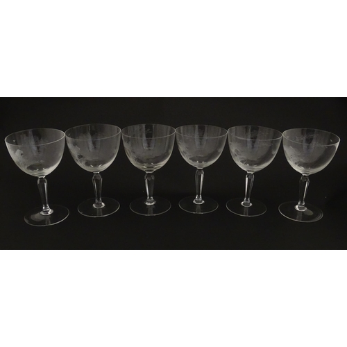 179 - Six Rowland Ward wine glasses with engraved Safari animal detail. Unsigned. Approx. 5 1/2