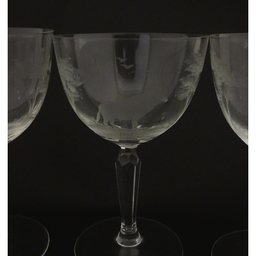 179 - Six Rowland Ward wine glasses with engraved Safari animal detail. Unsigned. Approx. 5 1/2