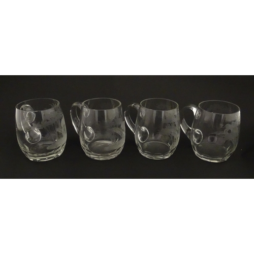 180 - Seven Rowland Ward pint mugs / glasses with engraved Safari animal detail. Unsigned. Approx. 4 1/2