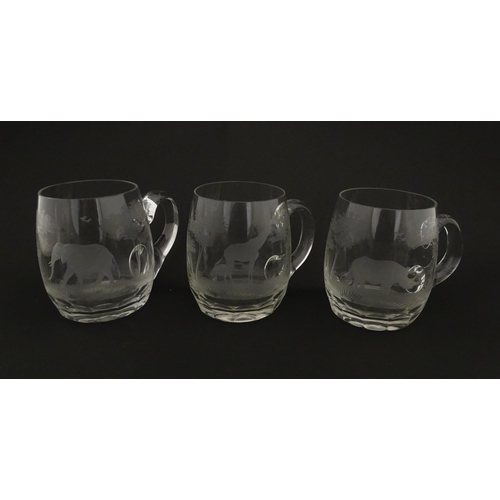 180 - Seven Rowland Ward pint mugs / glasses with engraved Safari animal detail. Unsigned. Approx. 4 1/2