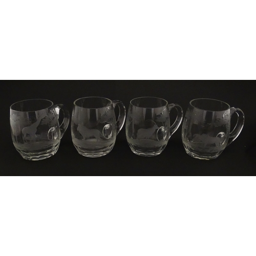 180 - Seven Rowland Ward pint mugs / glasses with engraved Safari animal detail. Unsigned. Approx. 4 1/2