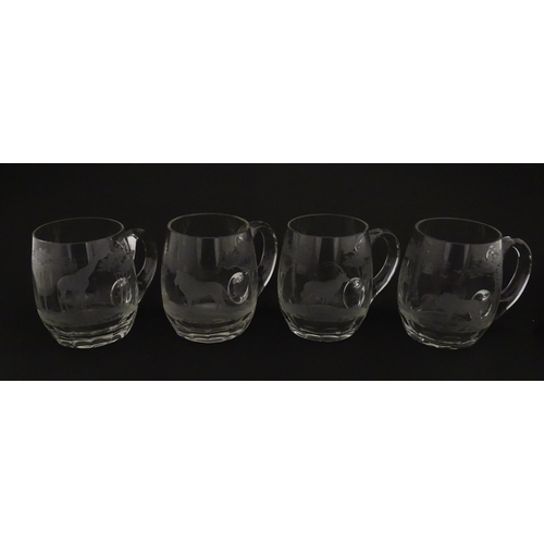 180 - Seven Rowland Ward pint mugs / glasses with engraved Safari animal detail. Unsigned. Approx. 4 1/2