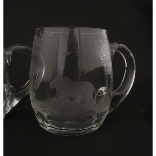 180 - Seven Rowland Ward pint mugs / glasses with engraved Safari animal detail. Unsigned. Approx. 4 1/2