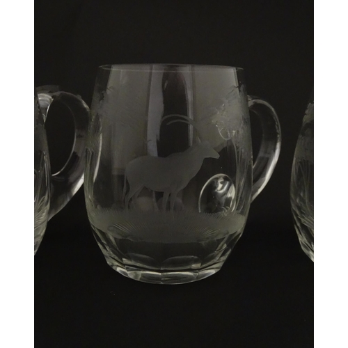 180 - Seven Rowland Ward pint mugs / glasses with engraved Safari animal detail. Unsigned. Approx. 4 1/2