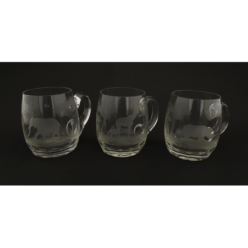 180 - Seven Rowland Ward pint mugs / glasses with engraved Safari animal detail. Unsigned. Approx. 4 1/2