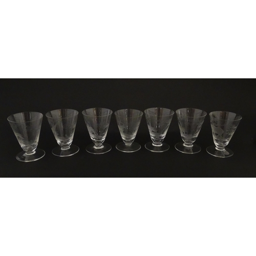 182 - Rowland Ward sherry / liquor  glasses with engraved Safari animal detail. Unsigned.  Largest approx.... 