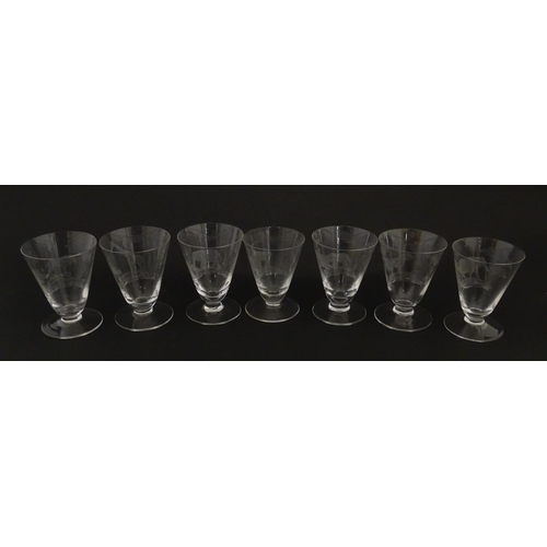 182 - Rowland Ward sherry / liquor  glasses with engraved Safari animal detail. Unsigned.  Largest approx.... 