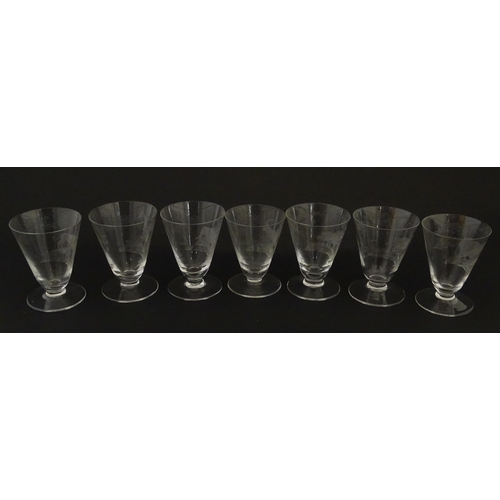 182 - Rowland Ward sherry / liquor  glasses with engraved Safari animal detail. Unsigned.  Largest approx.... 