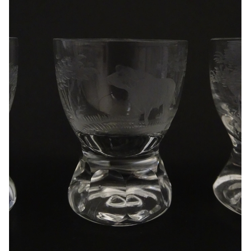 182 - Rowland Ward sherry / liquor  glasses with engraved Safari animal detail. Unsigned.  Largest approx.... 