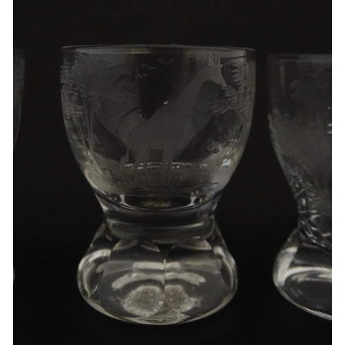 182 - Rowland Ward sherry / liquor  glasses with engraved Safari animal detail. Unsigned.  Largest approx.... 