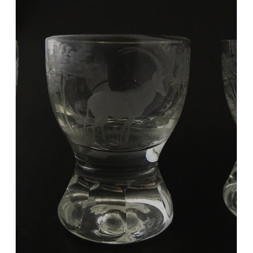 182 - Rowland Ward sherry / liquor  glasses with engraved Safari animal detail. Unsigned.  Largest approx.... 