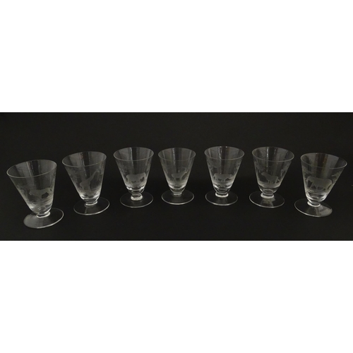 182 - Rowland Ward sherry / liquor  glasses with engraved Safari animal detail. Unsigned.  Largest approx.... 