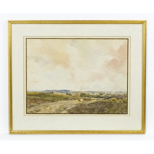 1796 - Claude Hayes (1852-1922), Watercolour, A landscape with a drover with cattle and sheep on a hill pat... 