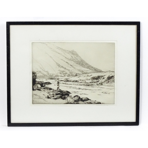 1907 - Norman Wilkinson (1878-1971), Etching, Angler in the Highlands, A Scottish river scene with a figure... 