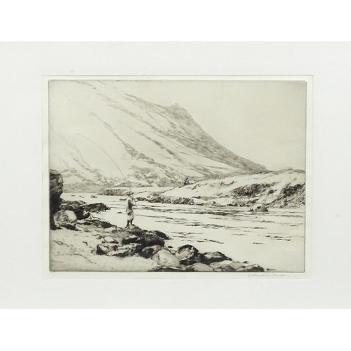 1907 - Norman Wilkinson (1878-1971), Etching, Angler in the Highlands, A Scottish river scene with a figure... 