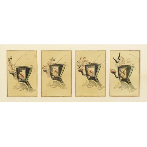 1908 - A set of four French 19thC humorous picture postcards mounted together, depicting a gentleman in a c... 