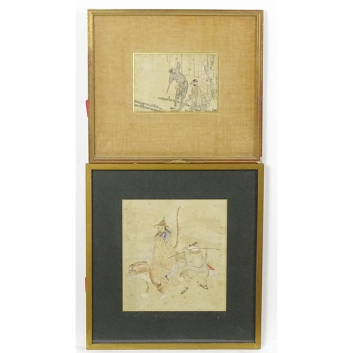 1910 - Oriental School, Watercolour, A figure riding a stylised tiger with an attendant carrying scrolls. T... 