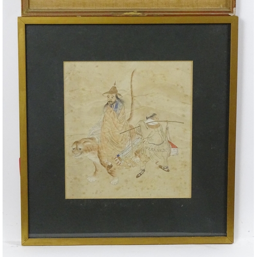 1910 - Oriental School, Watercolour, A figure riding a stylised tiger with an attendant carrying scrolls. T... 