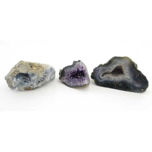 1087 - Natural History / Geology Interest: Three hardstone specimen geodes to include amethyst, agate, etc.... 