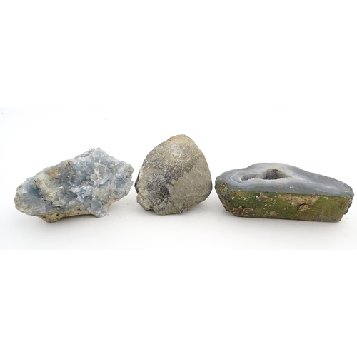 1087 - Natural History / Geology Interest: Three hardstone specimen geodes to include amethyst, agate, etc.... 