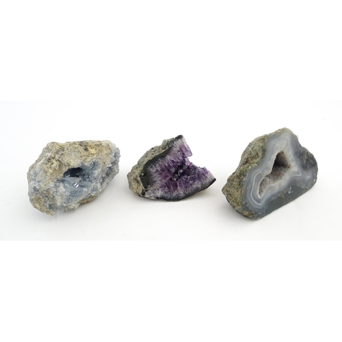 1087 - Natural History / Geology Interest: Three hardstone specimen geodes to include amethyst, agate, etc.... 