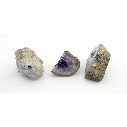 1087 - Natural History / Geology Interest: Three hardstone specimen geodes to include amethyst, agate, etc.... 