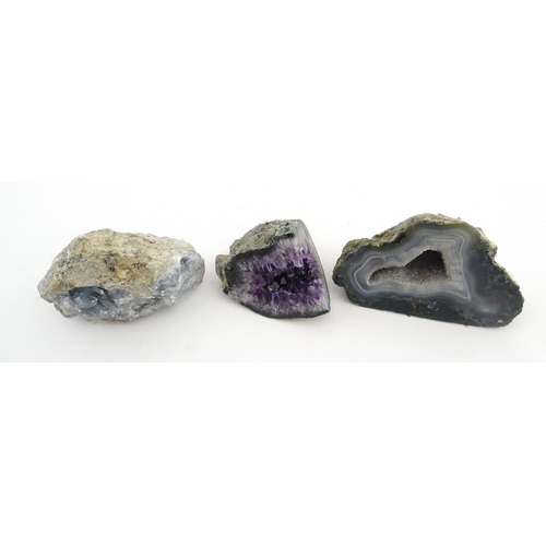 1087 - Natural History / Geology Interest: Three hardstone specimen geodes to include amethyst, agate, etc.... 