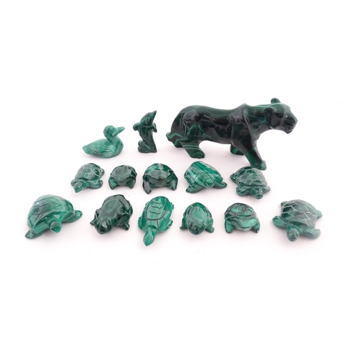 1092 - Natural History / Geology Interest: A quantity of malachite animals to include turtles, tiger, duck,... 