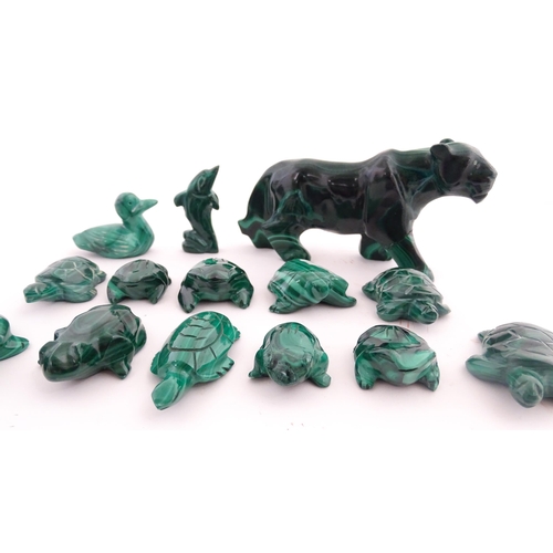 1092 - Natural History / Geology Interest: A quantity of malachite animals to include turtles, tiger, duck,... 