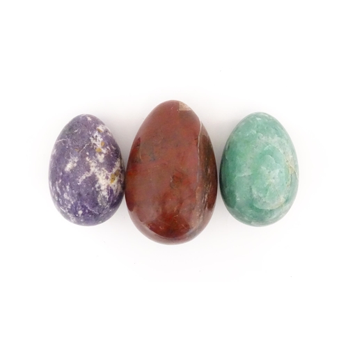 1103 - Natural History / Geology Interest: Three polished hardstone specimen eggs to include red jasper, et... 