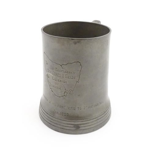 1156 - A Victorian pewter half pint tankard mug stamped W. R. Loftus, with a glass base, the body engraved ... 