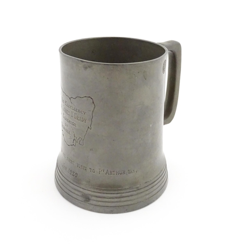 1156 - A Victorian pewter half pint tankard mug stamped W. R. Loftus, with a glass base, the body engraved ... 