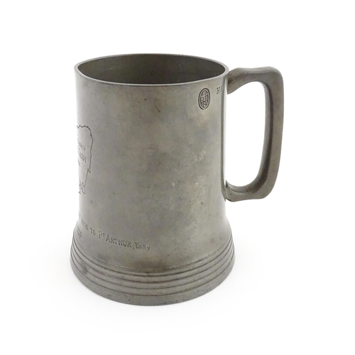 1156 - A Victorian pewter half pint tankard mug stamped W. R. Loftus, with a glass base, the body engraved ... 