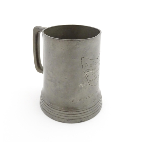 1156 - A Victorian pewter half pint tankard mug stamped W. R. Loftus, with a glass base, the body engraved ... 