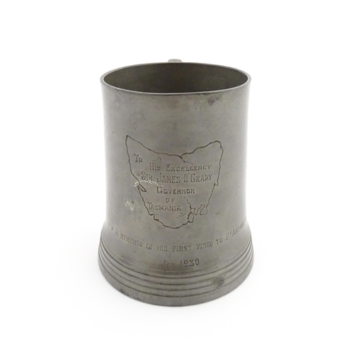 1156 - A Victorian pewter half pint tankard mug stamped W. R. Loftus, with a glass base, the body engraved ... 