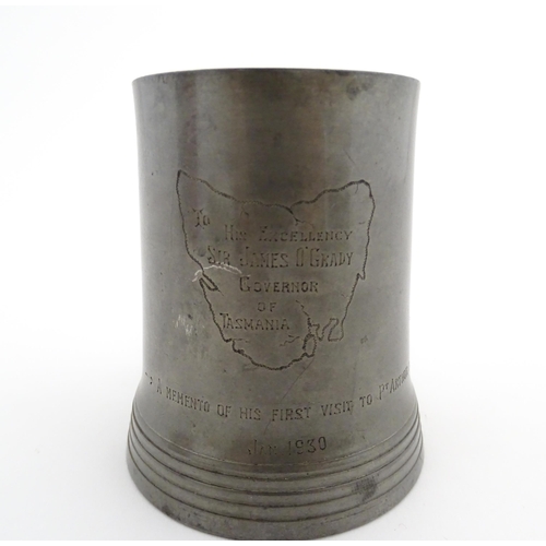 1156 - A Victorian pewter half pint tankard mug stamped W. R. Loftus, with a glass base, the body engraved ... 