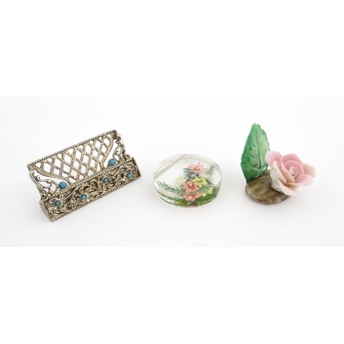 1164 - A quantity of assorted 20thC place card / menu holders to include twelve cast holders with turquoise... 