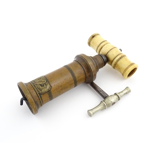 1167 - A 19thC Thomason type King's pattern corkscrew with brass barrel, bone handle and steel side handle.... 