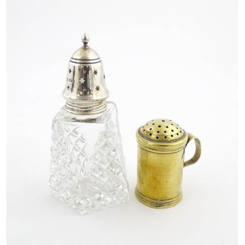 1170 - A cut glass sugar sifter with silver top hallmarked London 1961, maker Preece & Willicombe. Together... 