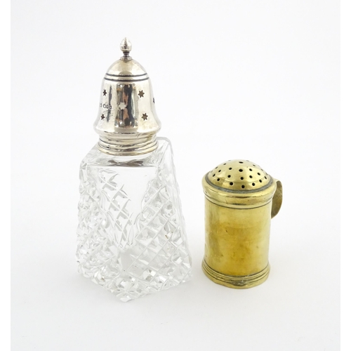 1170 - A cut glass sugar sifter with silver top hallmarked London 1961, maker Preece & Willicombe. Together... 