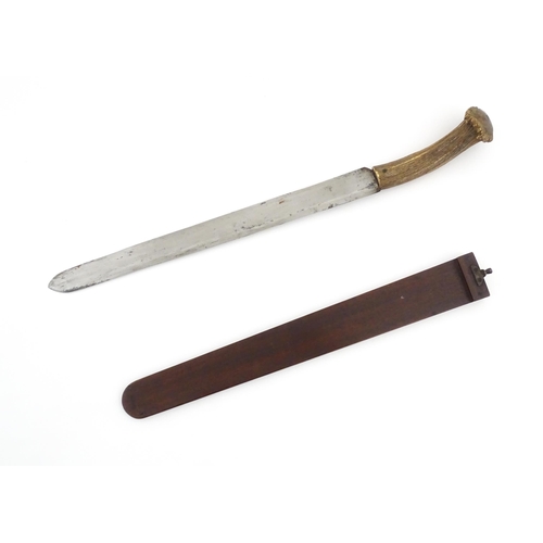 1171 - Kitchenalia : an early 20thC butcher's slicing knife, with antler handle, steel blade and wooden she... 