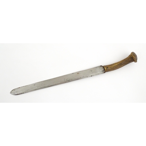 1171 - Kitchenalia : an early 20thC butcher's slicing knife, with antler handle, steel blade and wooden she... 