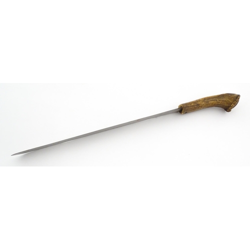 1171 - Kitchenalia : an early 20thC butcher's slicing knife, with antler handle, steel blade and wooden she... 