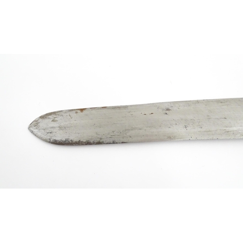 1171 - Kitchenalia : an early 20thC butcher's slicing knife, with antler handle, steel blade and wooden she... 