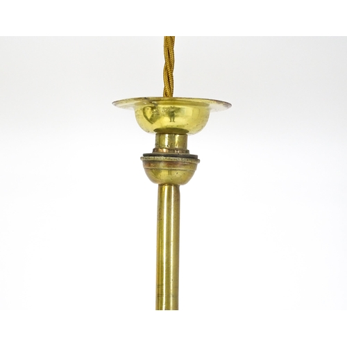 1399 - An Art Nouveau brass adjustable counter balance ceiling light with large flared vaseline glass shade... 