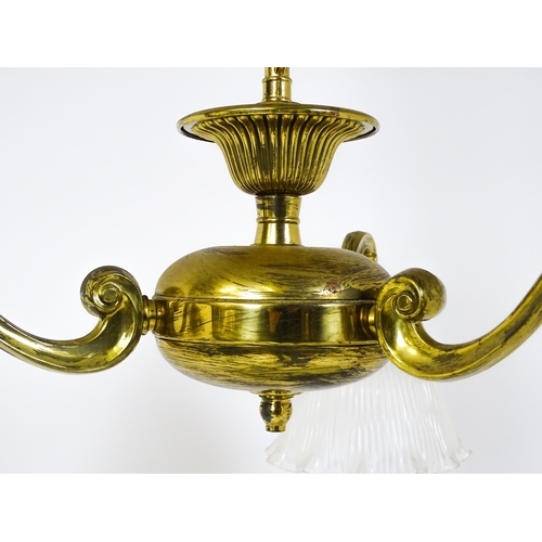 1403 - A pair of brass pendant lights having three scrolling branches with three holophane shades. Approx. ... 