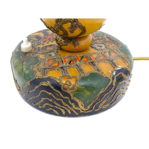 1418 - A 20thC turned wooden table lamp with painted detail depicting Mount Fuji, pagoda style buildings, e... 