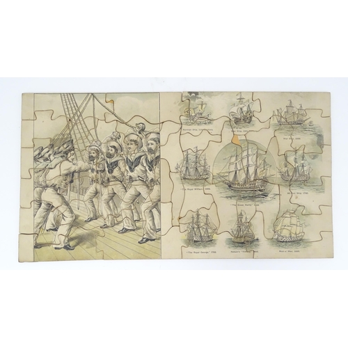 946 - A vintage wooden jigsaw puzzle tilted Double Puzzles, the double sided pieces depicting marine / mar... 